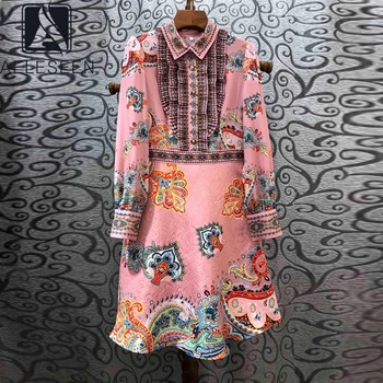 

AELESEEN Runway Fashion Dress 2020 Summer Spring New Women Long Sleeve Beading Ruffles Flowers Printed Pink Blue Slim Mini Dress