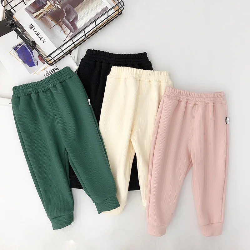

Chen Mom's Girls' Shirt Autumn & Winter Children Loose-Fit Pants Ribbed Pattern Brushed Large Harem Pants Versatile Baby Girls T
