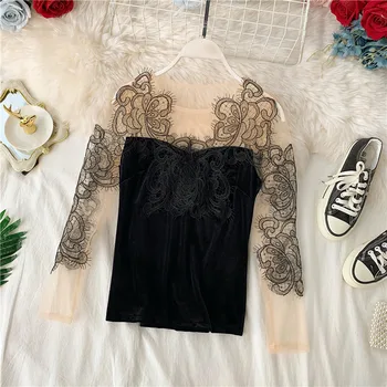 

2020 summer new women blouse 0-neck long-sleved lace velvet patchwork see through slim office lady elegant pulls outwear tops