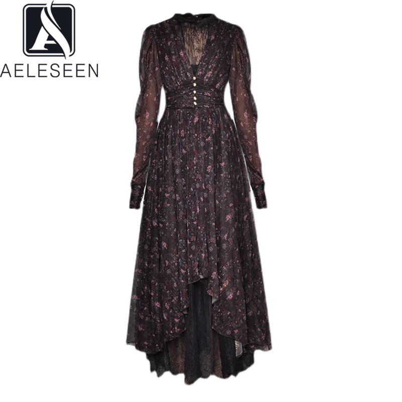 Женское асимметричное длинное платье AELESEEN, модное весеннее платье с пышными рукавами и цветочным принтом на пуговицах, 2021|Платья| | АлиЭкспресс