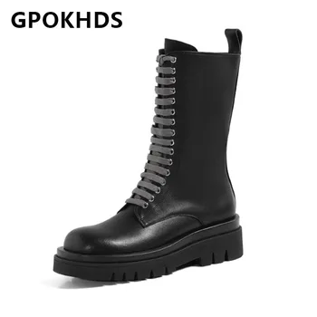 

GPOKHDS 2021 women Mid-Calf boots Cow leather Winter short plush Round Toe Zipper High heels female Riding boots size 40