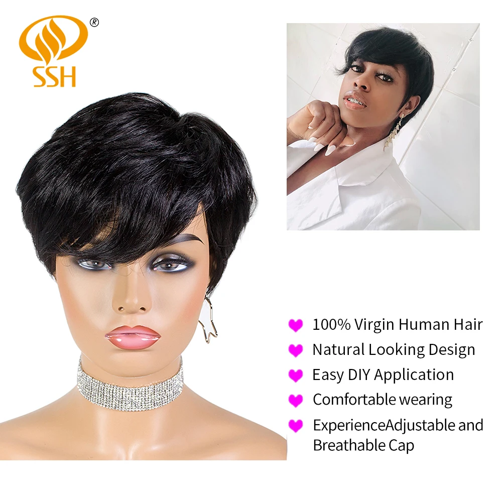 SSH Short Human Hair Wigs Pixie Cut Straight Remy Brazilian Hair for Black Women Machine Made Highlight Color Cheap Glueless Wig