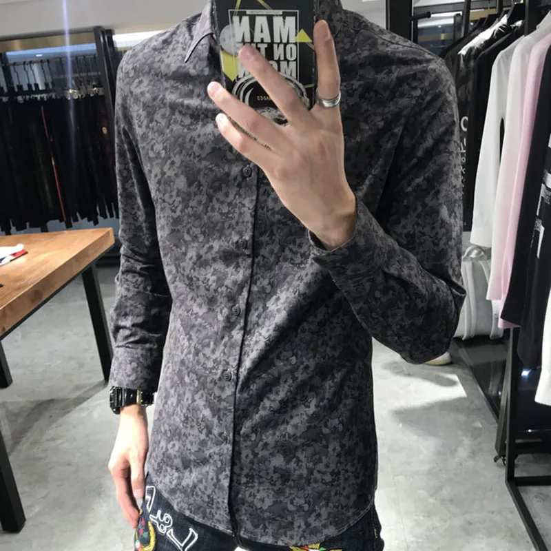 Европа Осень Черная Мужская рубашка повседневная с длинным рукавом Slim Fit Одежда Мужская соцованная Мода Город Уличная цветочный принт Camisa