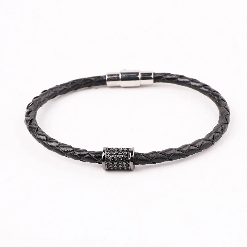 High Quality 316L Stainless Steel Clasp CZ Pave Tube Genuine Leather Bracelet Men Jewelry Gift - Image 3