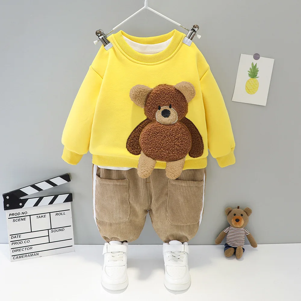 

Baby Plush Clothes Suit for Boy Autumn and Winter Bear Cartoon Sweater Casual Trousers Outfit Toddler Girl Cute Long Sleeve Suit