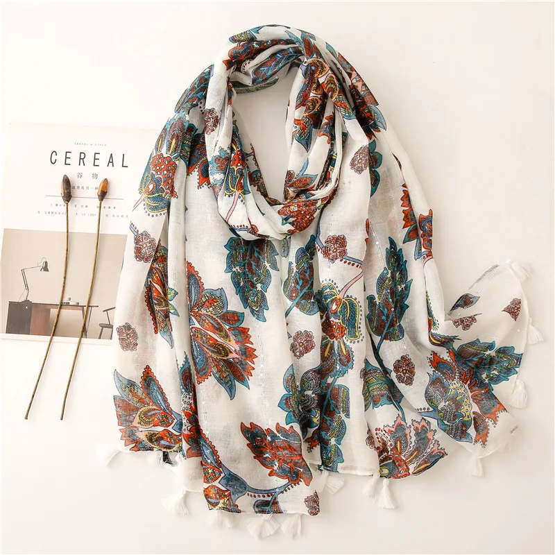 Ladies Fashion Aztec Cashew Floral Sequin Tassel Viscose Shawl Scarf High Quality Print Soft Foulard Muslim Hijab Sjaal 180*90Cm