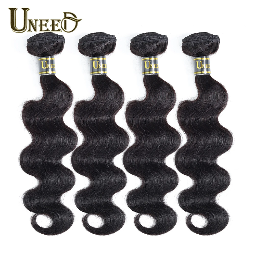 

Uneed Hair 4 Bundles Brazilian Body Wave 100% Human Hair Weave Bundles Natural Black Remy Hair Extensions Can Match With Closure