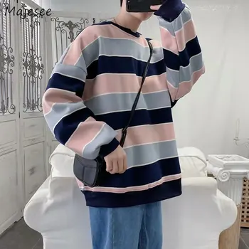 

Hoodies Men Autumn Winter Plus Velvet Thicker Striped Loose Mens All-match O-neck Harajuku Retro Ins Chic Leisure Korean Style