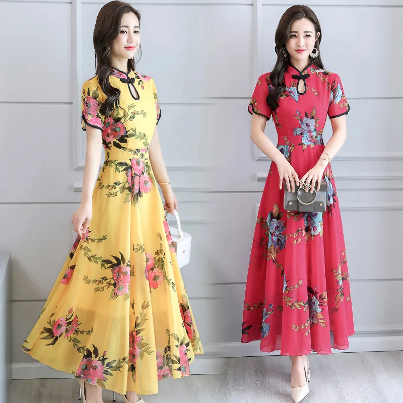 

2019 Summer New Style Chinese-style Retro Stand Collar Chiffon Printed One-piece Dress Improved Cheongsam Big Skirt