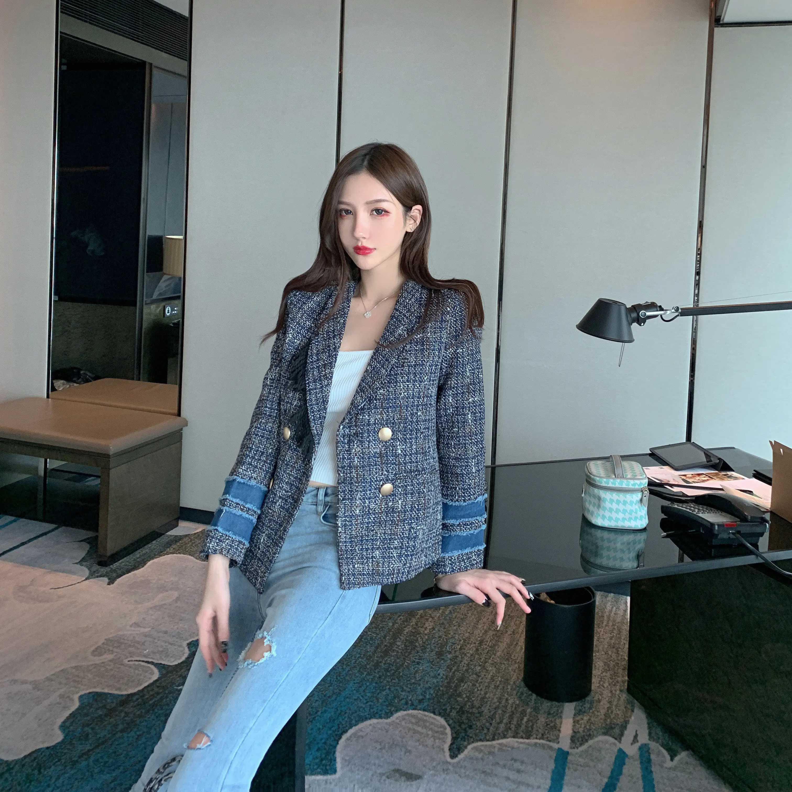 price reduction  2019 Autumn Runway Jacket Coat Patchwork Denim Tweed Jacket For Women Turn Down Collar Vintage doub