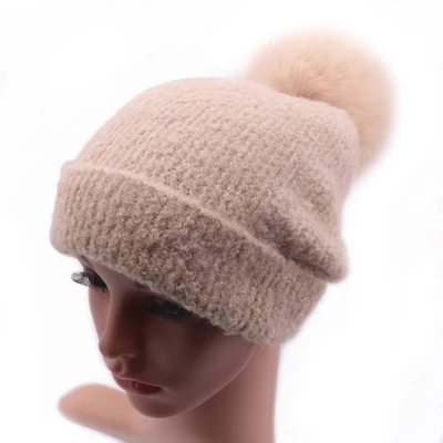 Beige - Fox Fur Зимние Головные уборы Skullies шапки для Для женщин Винтаж вязаная шерсть альпаки Женская бини шапки с реальным помпон из лисьего меха Gorro; теплый лыжный девушка Шапки - Цвет: Beige - Fox Fur