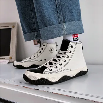 

Men High-top Canvas Shoes 2020 New Fashion Solid Color Men Vulcanized Shoes Lace-up Joker simple Casual Shoes Men Sneakers