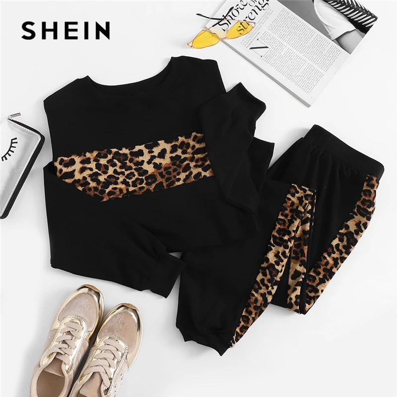 SHEIN Black Leopard Panel Pullover 