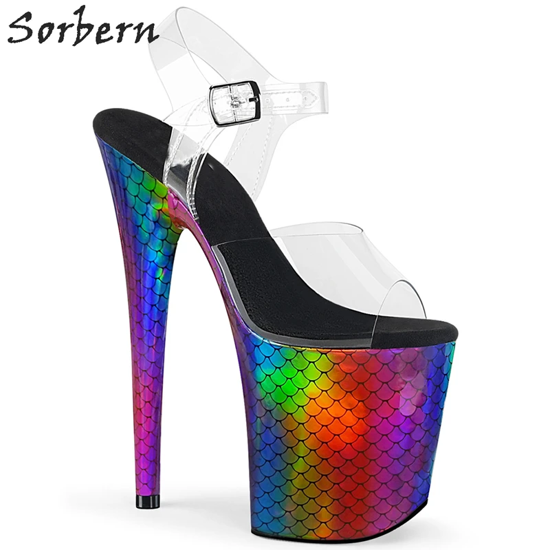 Sorbern/радужные босоножки в форме рыбьей чешуи; женские босоножки из прозрачного ПВХ; женская обувь для стриптиза; летняя обувь для танцев на шесте - Цвет: 20cm Heel