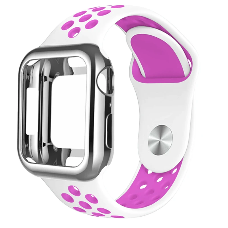Силиконовый спортивный ремешок+ чехол для apple watch 5 4 3 2 1 серия 38 мм 42 мм ремешок для iwatch 40 мм 44 мм браслет аксессуары для запястья - Цвет ремешка: White with purple