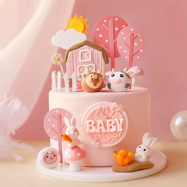 Happy Farm-Toppers de gâteau d'arbre de vache rose, fournitures de joyeux  anniversaire, beaux cadeaux, fête de la journée de l'enfant, fête de bébé