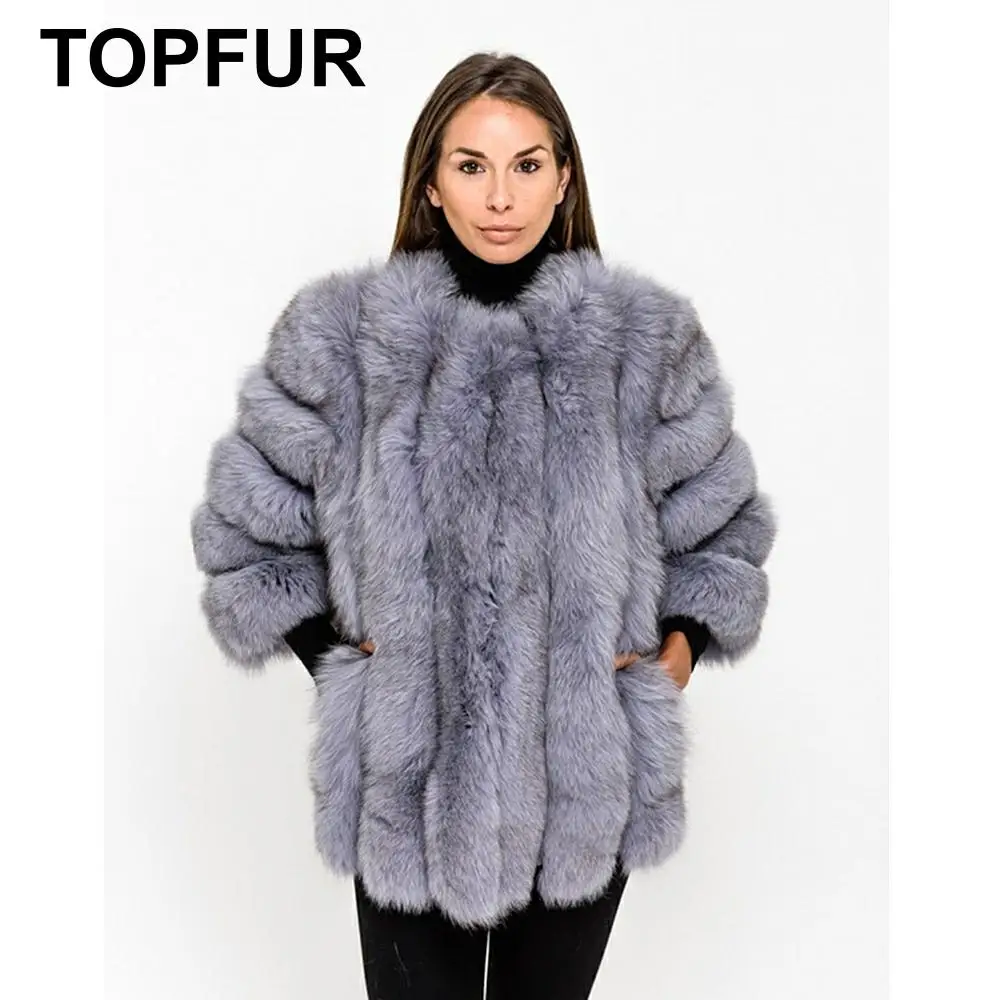 TOPFUR, модное зимнее пальто с натуральным мехом, женское повседневное пальто из натуральной голубой лисы, кожаная куртка, рукав три четверти, Manteau Femme