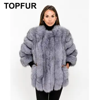 

TOPFUR 2019 Fashion Winter Real Fur Coat Women Natural Blue Fox Regular Coat Leather Jacket Nine Quarter Sleeves Manteau Femme
