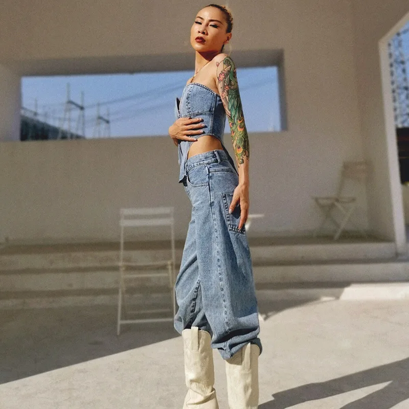 Однотонное джинсовое модное боди для женщин, juimpsuit para mujer,, на тонких бретельках, с вырезами, сексуальное, длинное, Romerps, для девушек