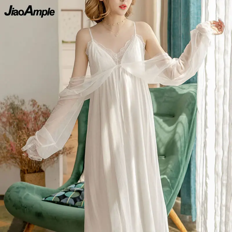 

Pajamas Women Sexy Lace Nightdress Summer Long Can Drop Shoulders Two Wear See-Through Temptation Sleepwear Nightgown
