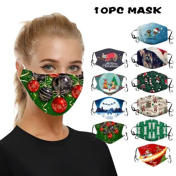 

10pc Santa Adult Face Mask Print Christmas Fabric Facial Mask for Protection Mouth Bandanas Washable Earloop Kids Mask#YL5