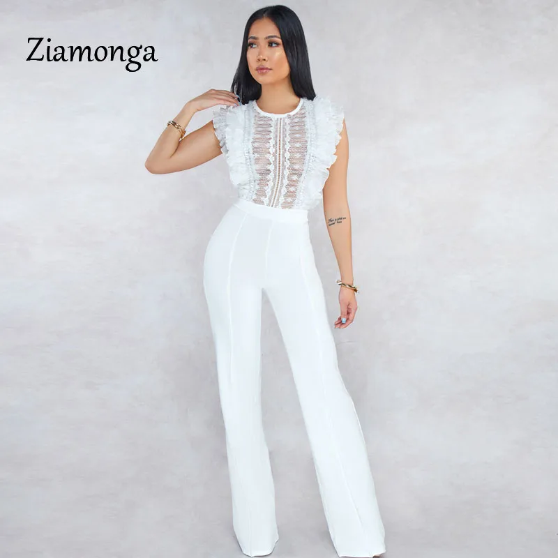 White Ziamonga, черный кружевной комбинезон, женское сексуальное боди с оборками на рукавах, элегантный вечерний комбинезон, Комбинезоны для официальных вечеринок, женский комбинезон - Цвет: White