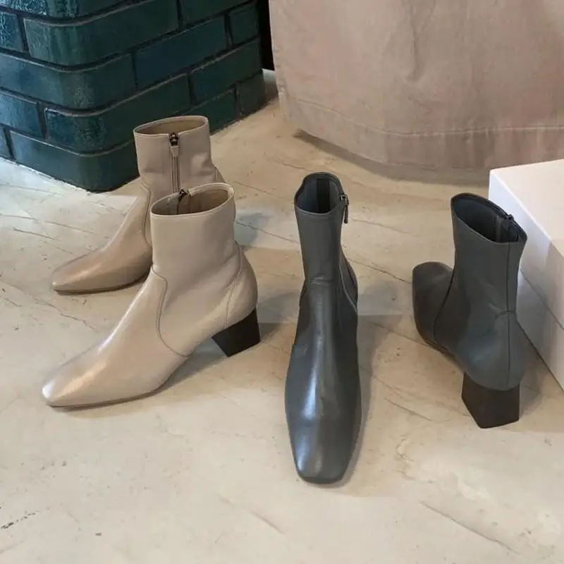 

European and American style autumn winter boots zipper comfortable simple casual square head latex warm women's thick heel boots