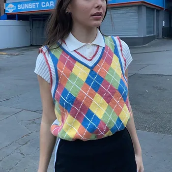

Autumn Sweater Vest Casual Style Knitwear Rainbow Y2k Knitted Argyle Plaid Tank Tops Sweater Ladies Women Streetwear Crops Tops