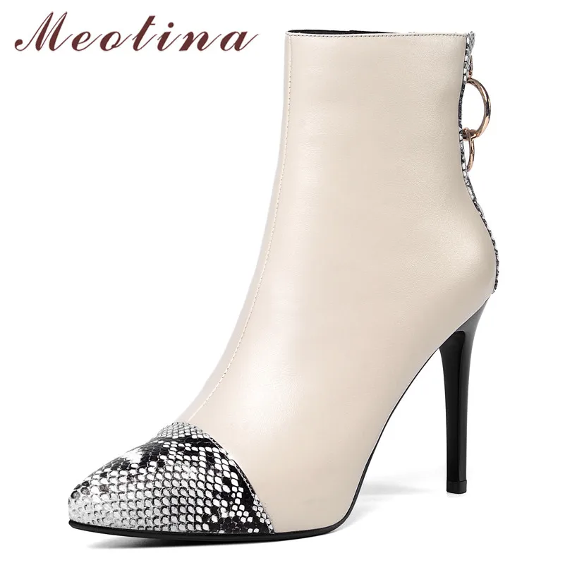 

Meotina Winter Ankle Boots Women Natural Genuine Leather Zip Thin Heel Short Boots Snake Print Extreme High Heel Shoes Lady Fall