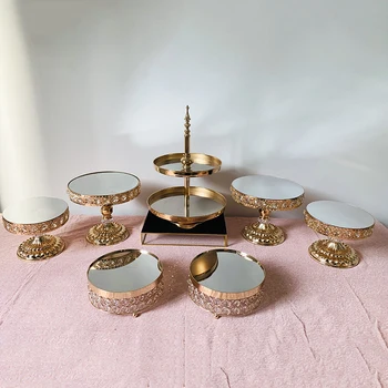 

7pcs/lot Gold Mirror Surface Wedding Dessert Tray Cake Stand Wedding Party Birthday Decoration Pan Cake Cookies Display
