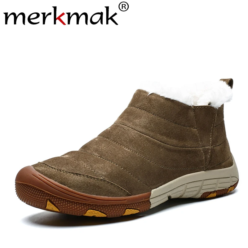 Ceny Merkmak zimowe męskie buty ciepłe antypoślizgowe botki 2019 nowy okrągły nosek buty w stylu casual wodoodporny duży rozmiar męskie zimowe botki