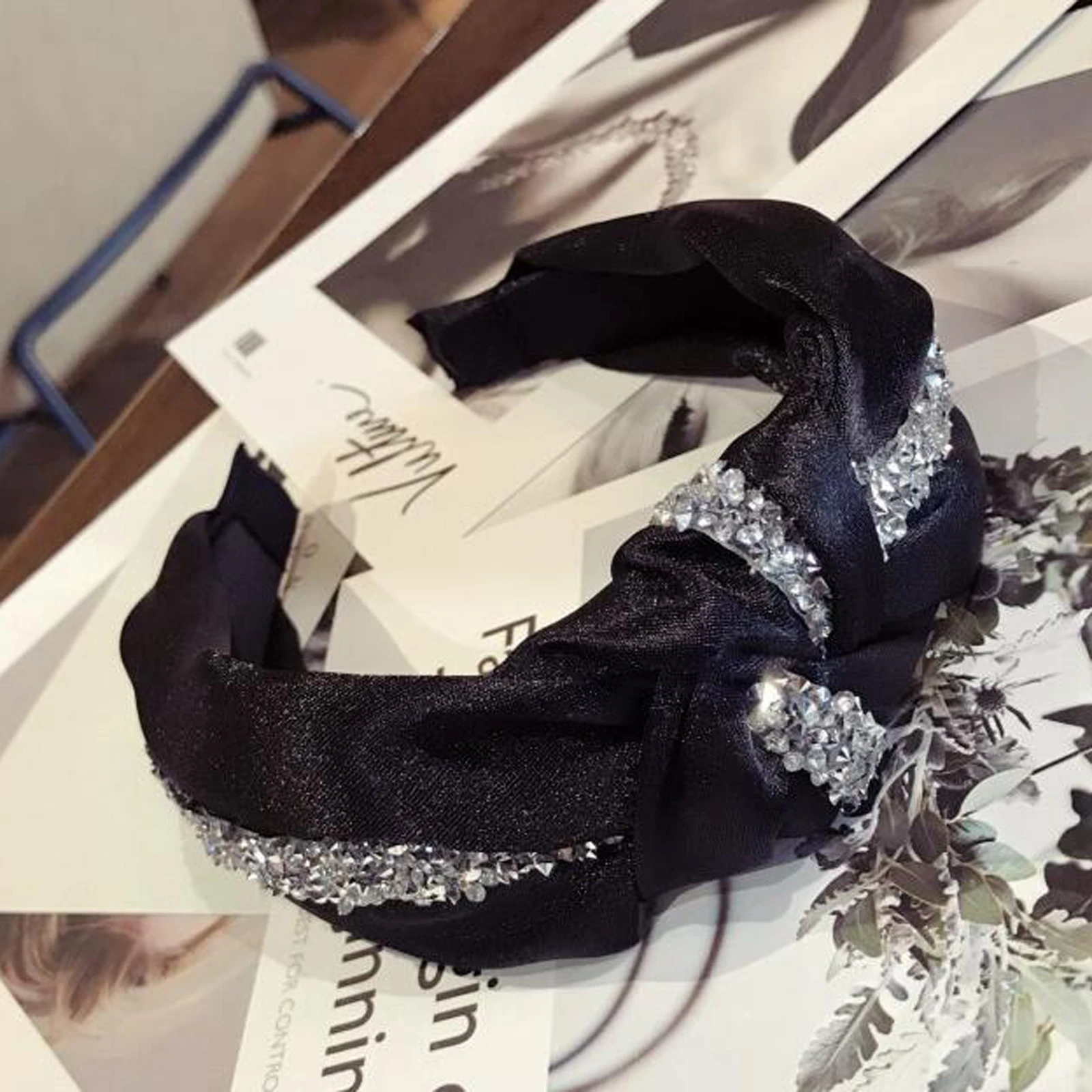 Fashion Shining Rhinestone Hairband Headband Women Wide Side Headwear Solid Casual Headwear Turban Hair Accessories Wholesale