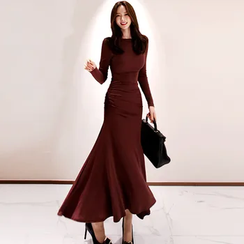

HAYBLST Brand Fishtail Dress Women Fall 2019 Plus Size XL Long Dresses Elegant Vestidos Korean Style Long Sleeve Solid Clothing