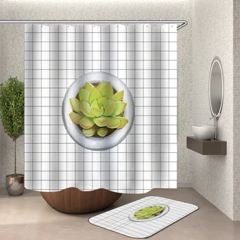 

Shower Curtain, Bathroom Curtains-Green Plant,Plants, Leaf, Leaves,Potted Plants,Hand Draw,Succulents,Checkered,White Cloth