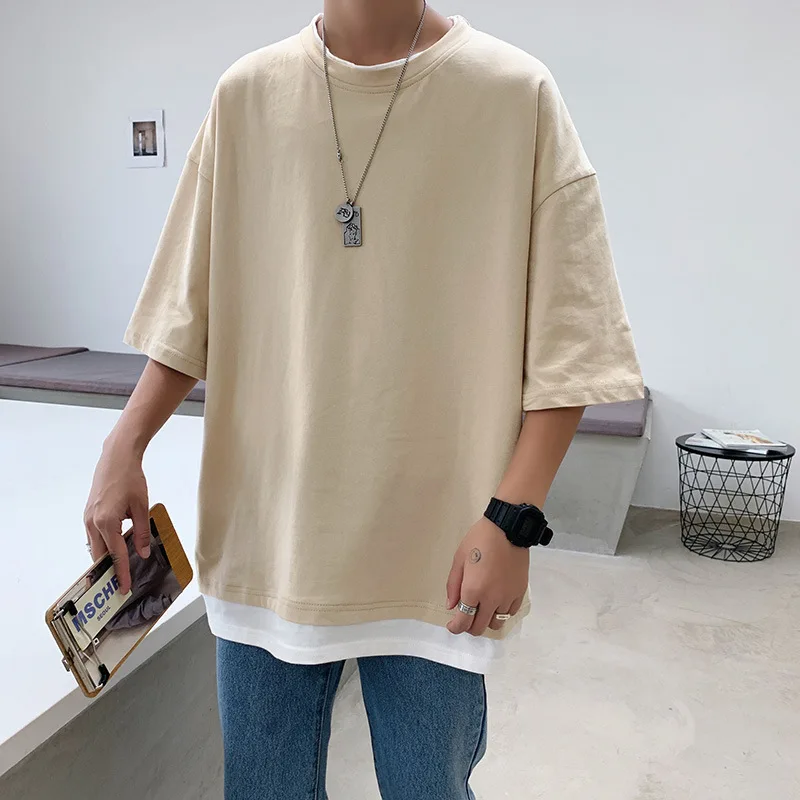 

Mock Two-Piece Short Sleeve T-shirt Men Summer Style Loose-Fit Crew Neck Solid Color Half Sleeve Trend T-shirt