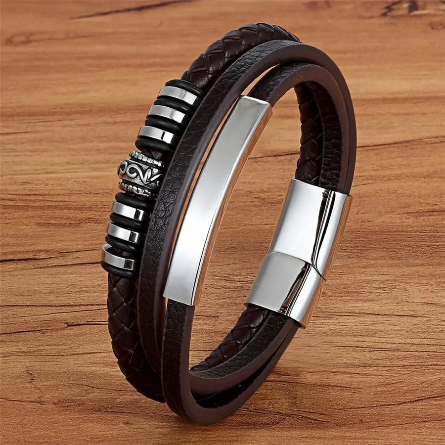 Fashion Stainless Steel Charm Magnetic Black Men Bracelet Leather Genuine Braided Punk Rock Bangles Jewelry Accessories Friend