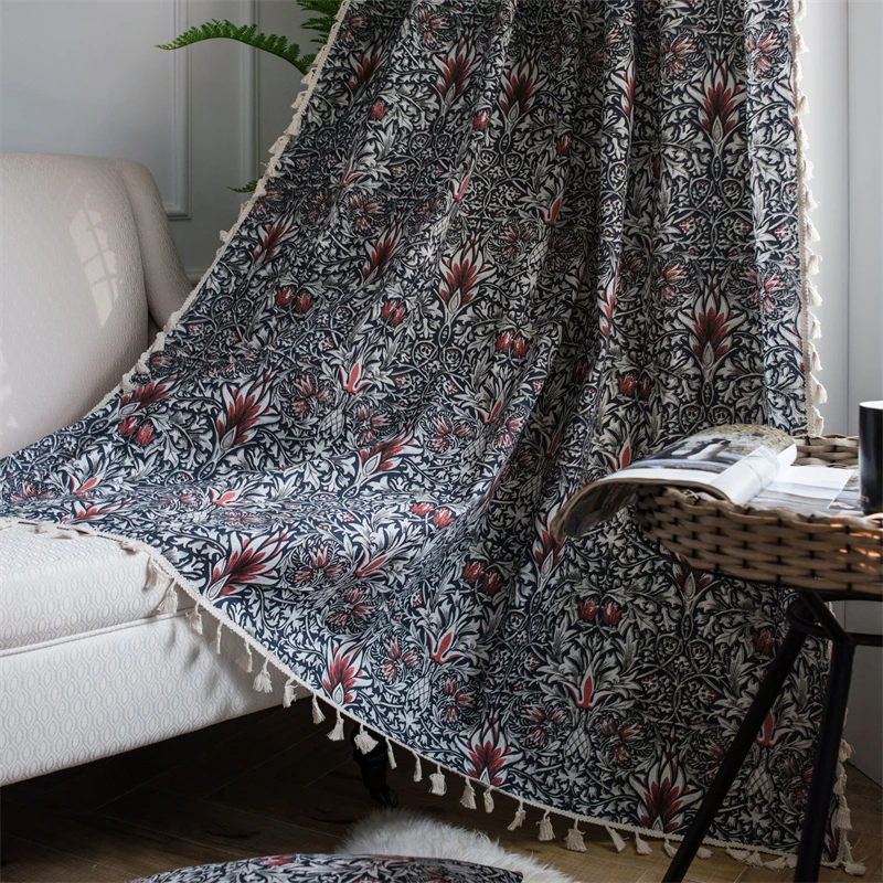Country Style Tassel Semi-Blackout Curtains for Living Room Bedroom Modern Printed Cotton Linen Window Curtain Home Textile | Дом и сад