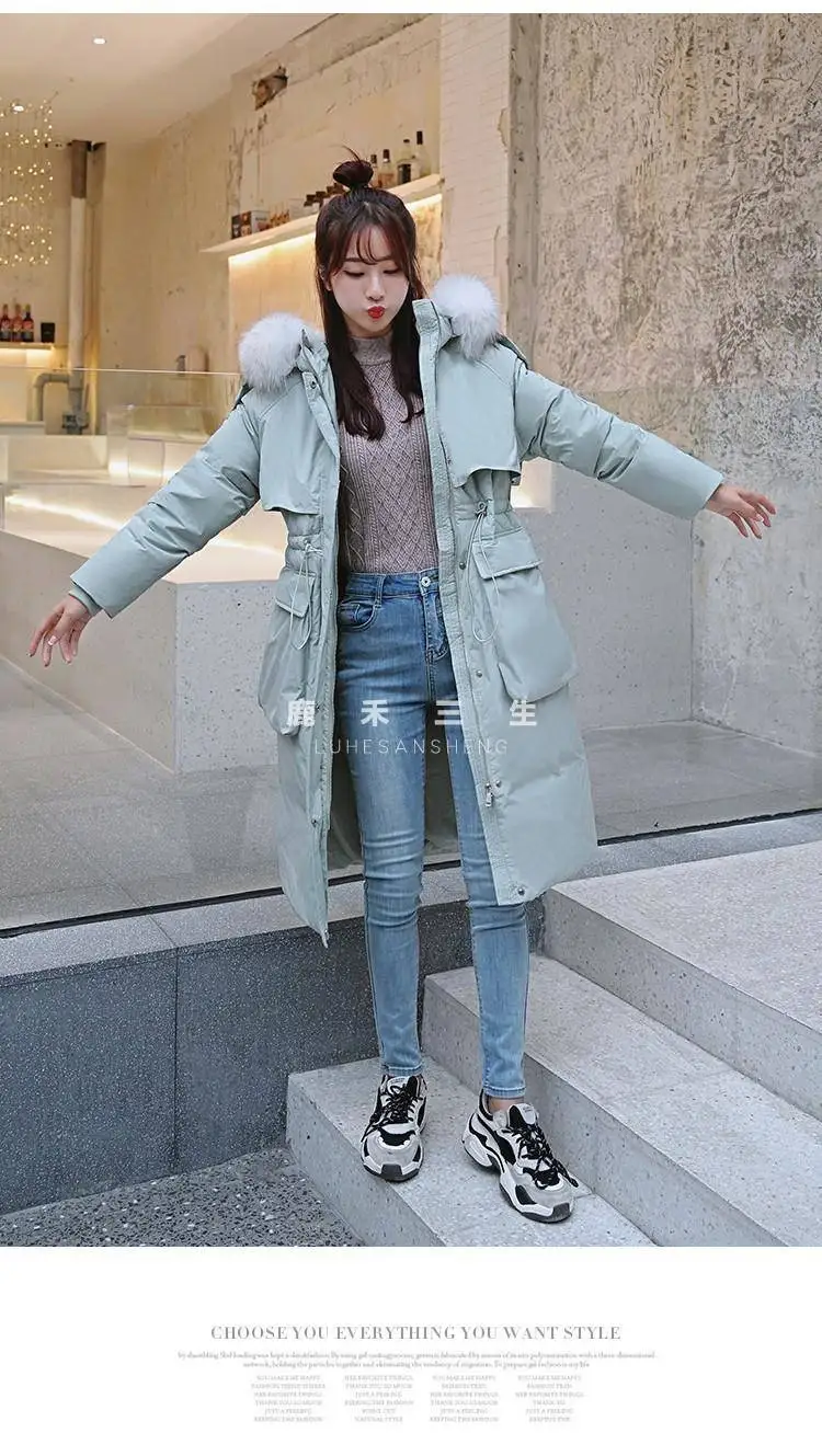Heydress женское однотонное теплое пуховое пальто с воротником из меха енота элегантная Длинная Верхняя одежда женское белое пуховое пальто