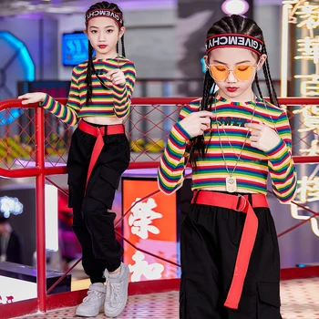 

Hip Hop Dance Costumes Rainbow Top Black Pants Street Dancing Clothes Childs Modern Stage Show Wear Jazz Rave Outfit DNV12373