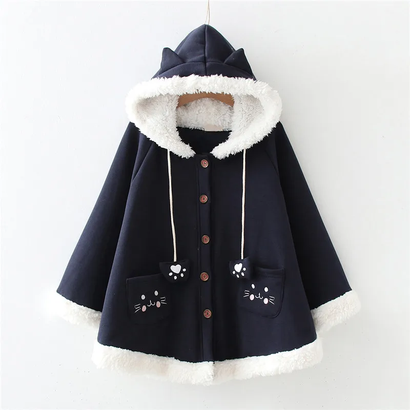 

Lolita Kawaii Women Cat Ear Hoodies Winter Fleece Cute Girls Hooded Cape Female Oversized Sweatshirt Cotton Blend Shawl Cloak