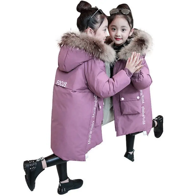 12 девушка одежда зимняя куртка-пуховик Детские теплые плотные пальто с капюшоном парка с меховым воротником Верхняя одежда для детей возрастом-30 градусов для девочек длинная одежда