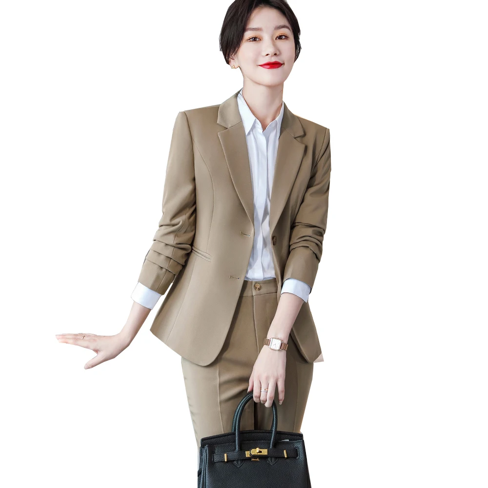 

Classic Office Ladies Women Formal Pant Suit For Work Female Long Sleeve Blue Khaki Black Solid Two Piece Set Blazer and Trouser
