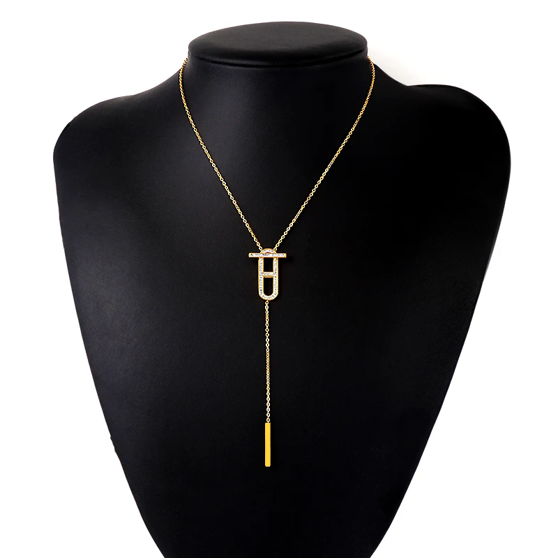 Stainless Steel Jewelry Long Tassels Pendant Choker Necklace Collar Cubic Zirconia Clavicle Necklaces For Women