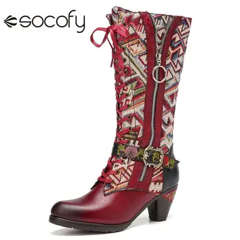

SOCOFY Women Leather Riding Boots Flower Pattern Splicing Chunky Heel Boots Winter Casual Outdoor Party Shoes Botas Mujer