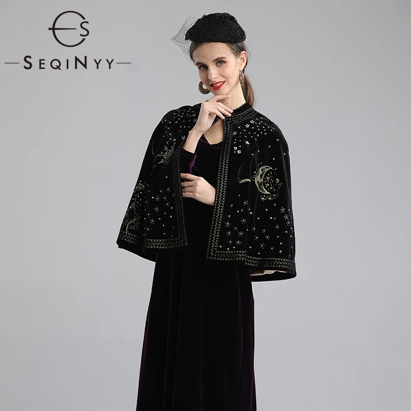

SEQINYY Black Cloak 2020 Autumn Winter New Fashion Design Crystal Flowers Embroidery Luxury Velvet Top