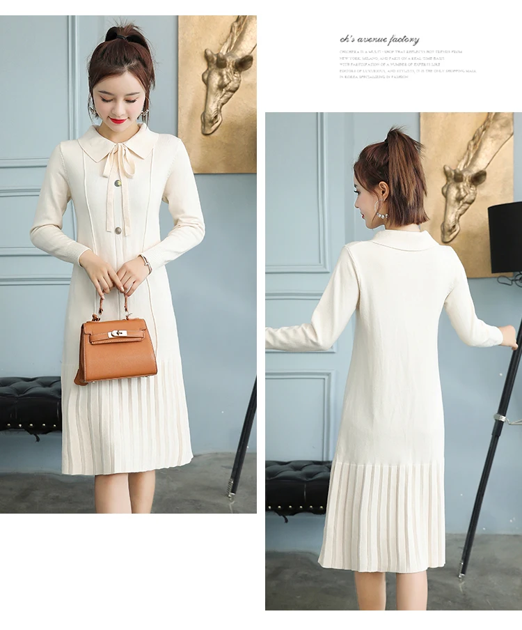 Bowknot Women Knit Dress Turn Down Pleated Hem Midi Knit Dress Korean Sweet Elegant Slimming Autumn Winter Women Dress