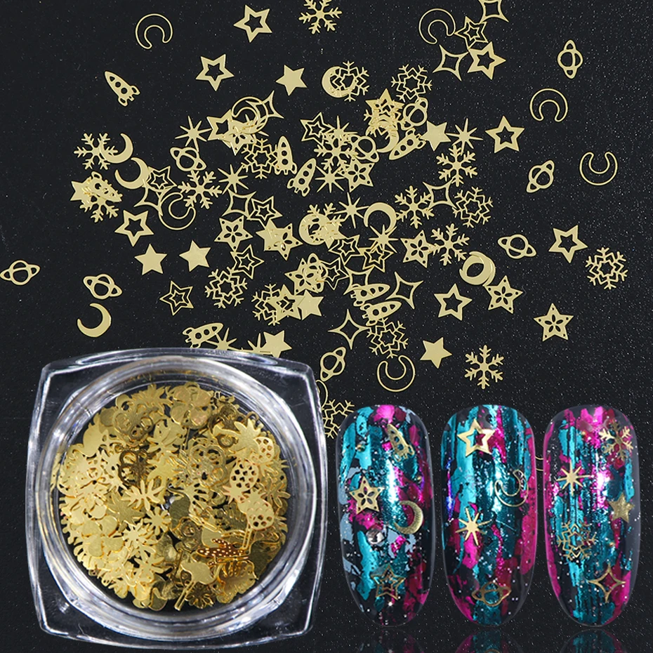 120pcs 3D Gold Metallic Slice Sequins Mixed Snowflake Star Planet Flakes Paillette Charms Nail Glitter Slider Accessory SA970-C