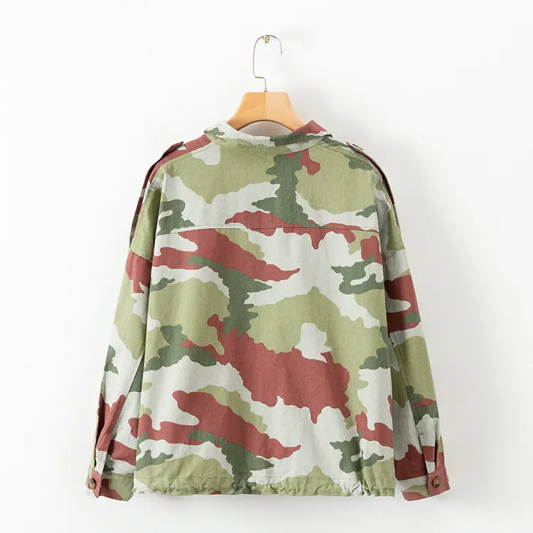 

Europe And America WOMEN'S Dress 2019 Spring And Autumn New Style Double Pocket Camouflage Printed Loose-Fit Jacket Women's H241