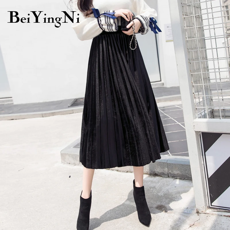 Beiyingni золотые бархатные женские юбки Осенние повседневные уличные модные миди юбки трапециевидная элегантная винтажная офисная плиссированная юбка