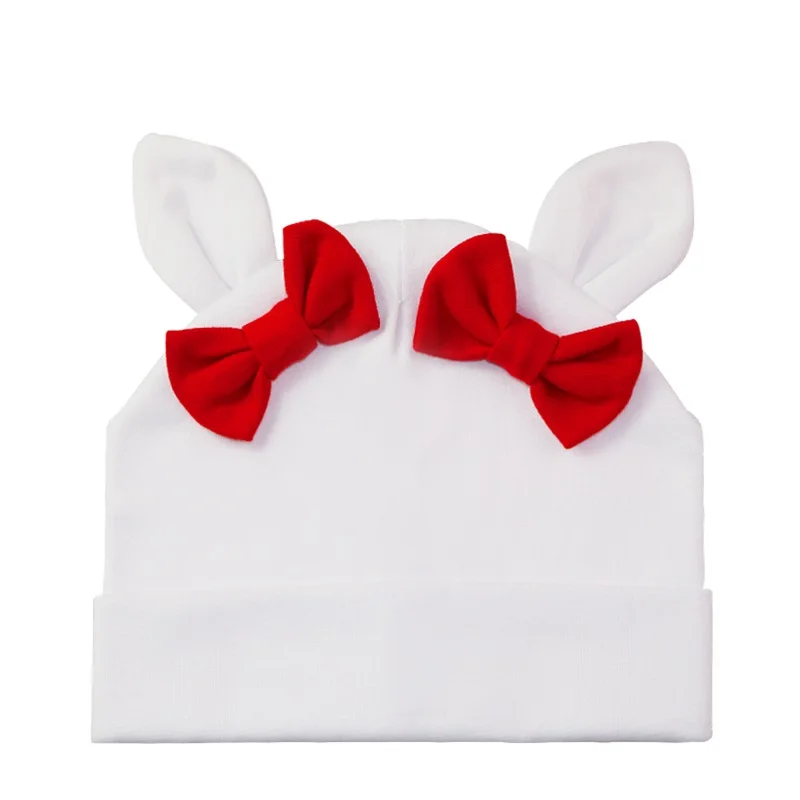white red bow Шапка для маленьких девочек, шапка с заячьими ушами для девочек, хлопковая детская шапка с бантом, детские шапки для малышей, милые детские шапки с рисунками - Цвет: white red bow